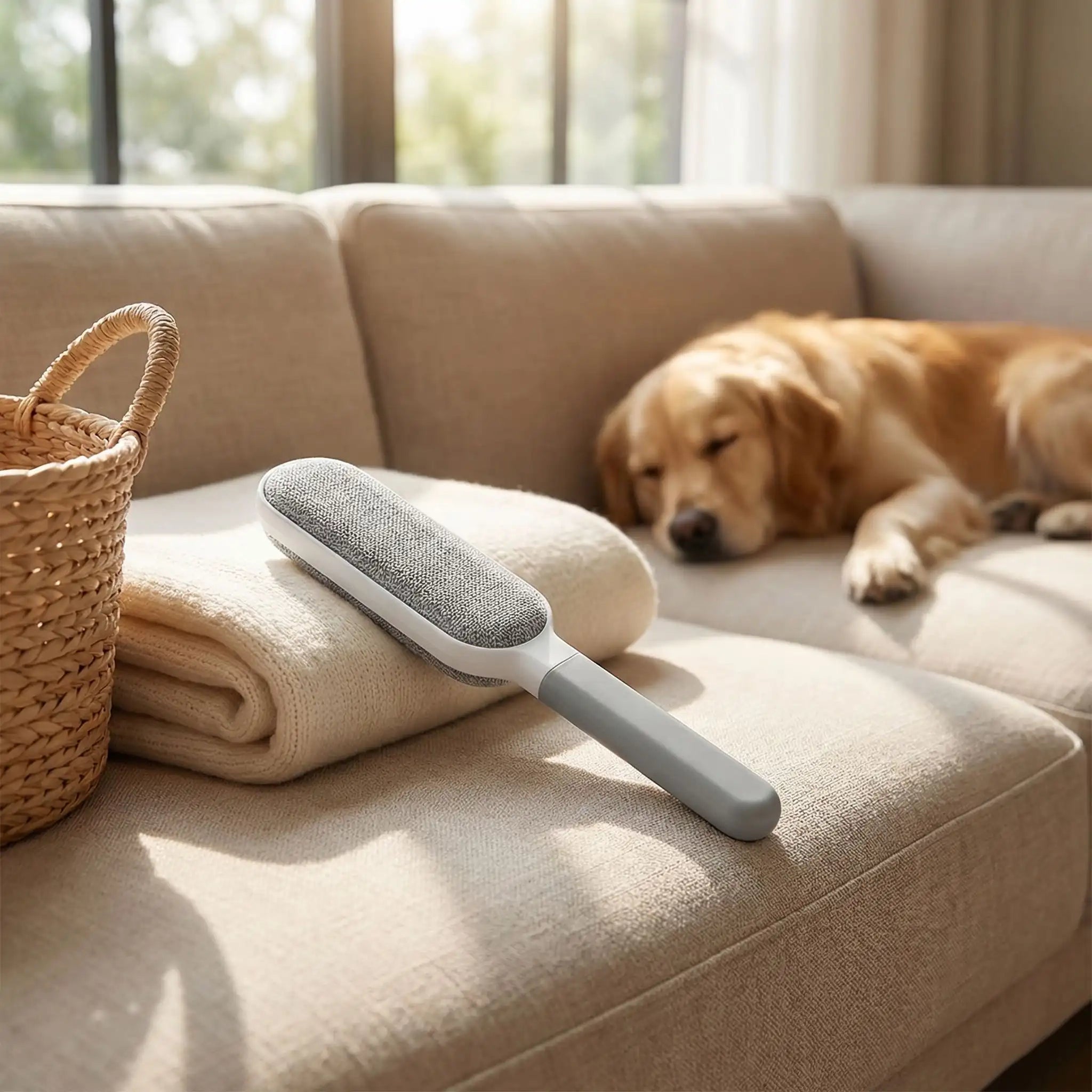 Brosse-anti-poils-chien-anti-statique-efficace-auto-nettoyante, réutilisable, écoresponsable pour tous les tissus, meubles, vêtements, couchage du chien-gros plan sur le modèle de la grande brosse anti poils d'animaux  avec manche idéal pour le texile de la maison