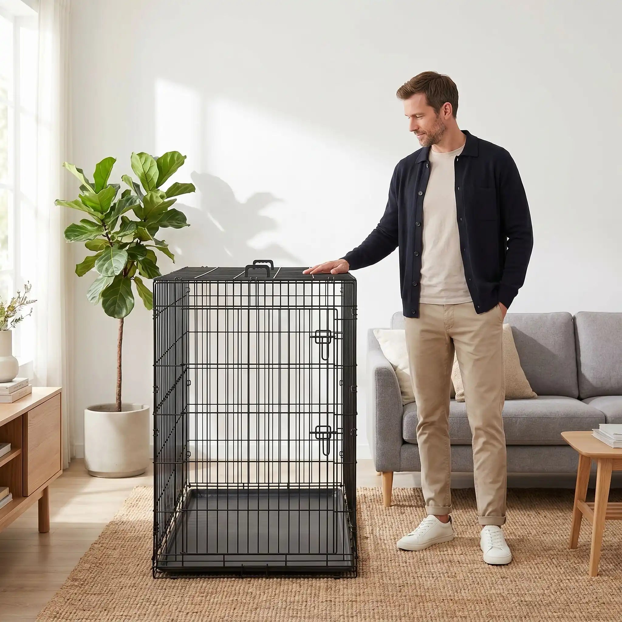 Cage-pour-chien-chiot- de grande  race, pliable à barreaux en acier solide et toit et fond amovible en plateau PVC de 3 cm de profondeur 100% imperméable et lavable, légère et transportable avec ses deux poignée de transport pour chiot et chien jusu'à 60 kilos max, 2 portes avec 7 serrures au total, une porte avant et une latérale-photo d'un homme debout à côté de la cage avec sa grande hauteur de 114 cm et de longueur de 122 cm, idéale pour les chiens de grande taille de 40 à 60 kilos pour un grand espace