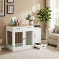 Meuble-cage-pour-chien-petit et moyenne taille-cage de 87 cm en bois foncé et blanc, 2 portes avant en barreaux acier robuste et serrure de sécurité avec deux tiroirs de rangement,une étagère intégrée et un placard de rangement, plus 3 porte laisse, collier intégré, et tiroir à roulette pour support de station d'alimentation  incluant 2 gamelles inox surélevée, bois imperméable et peinture anti-rayure-gros plan sur la station d'alimentation ouverte, tiroir ou son intégré les 2 gamelles inox surélevés
