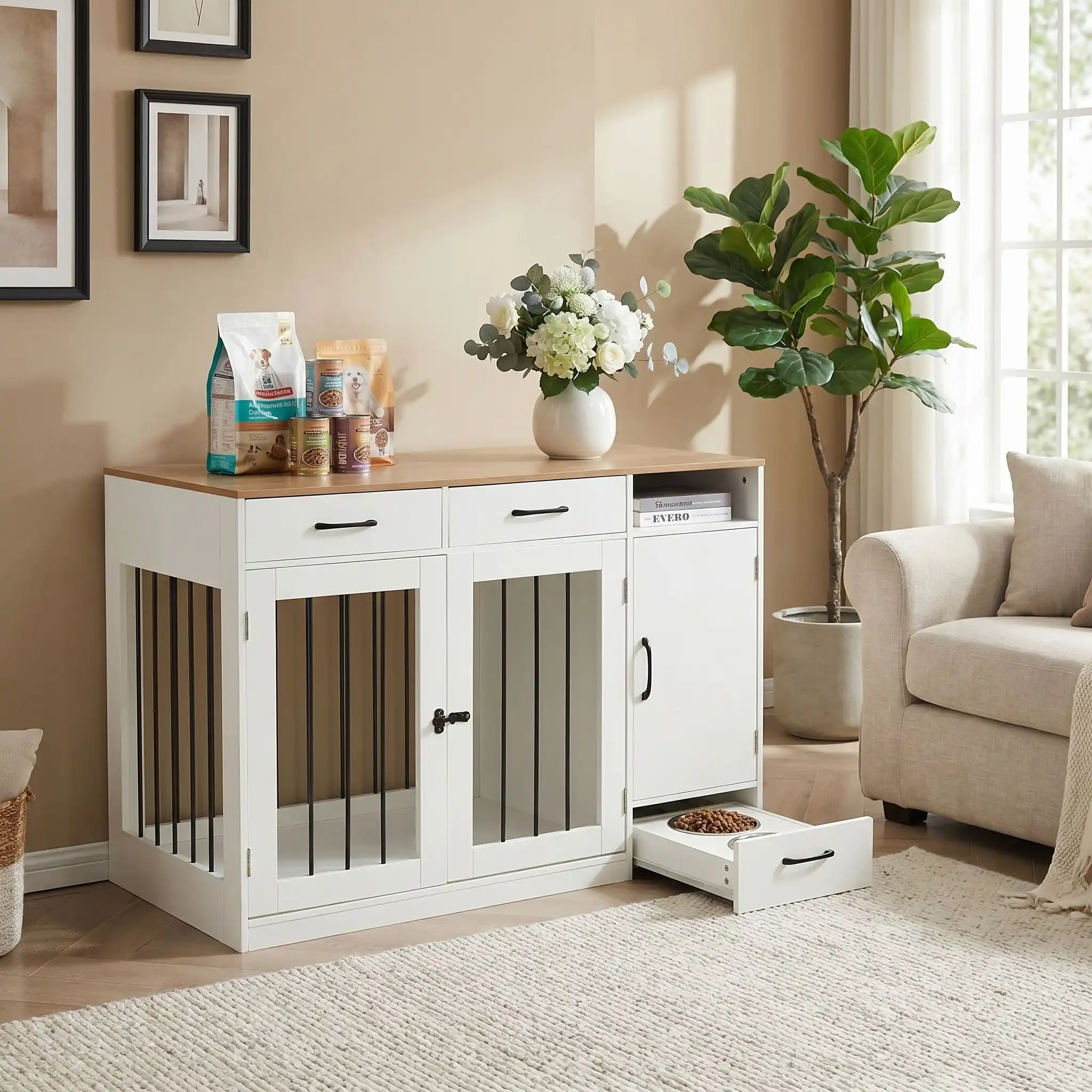 Meuble-cage-pour-chien-petit et moyenne taille-cage de 87 cm en bois foncé et blanc, 2 portes avant en barreaux acier robuste et serrure de sécurité avec deux tiroirs de rangement,une étagère intégrée et un placard de rangement, plus 3 porte laisse, collier intégré, et tiroir à roulette pour support de station d'alimentation  incluant 2 gamelles inox surélevée, bois imperméable et peinture anti-rayure-gros plan sur la station d'alimentation ouverte, tiroir ou son intégré les 2 gamelles inox surélevés