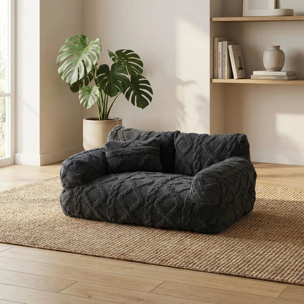 Canape-chien-déhoussable-avec-accoudoirs et oreiller-rembourrage 100% coton haute densité lavable en machine-design laine tricot, antidérapant et imperméable pour chien de petite à moyenne taille-chaud et anti affaissement-design bohême chic de couleur noir avec coutures soignées et artisanales