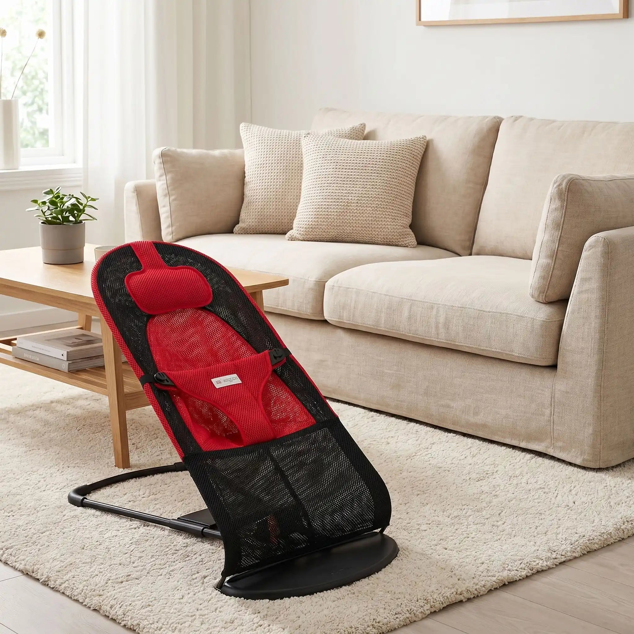 Chaise-a-bascule-pour-chien-anti-anxiété et anti-stress, pour petit  chien de 0 à 14 kilos max, structure en acier solide, housse en polyester respirant et lavable en machine, hamac avec harnais de sécurité et sangle à clips robuste, 3 poisitions de réglages pour bercer et apaiser le chiot ou le chien ou en mode lit-pliable, compact et léger qui apaise les chiot et chien anxieux ou trop energique-gros plan sur la chaise à bascule avec harnais de sécurité et 3 positions réglables de couleur noir et rouge