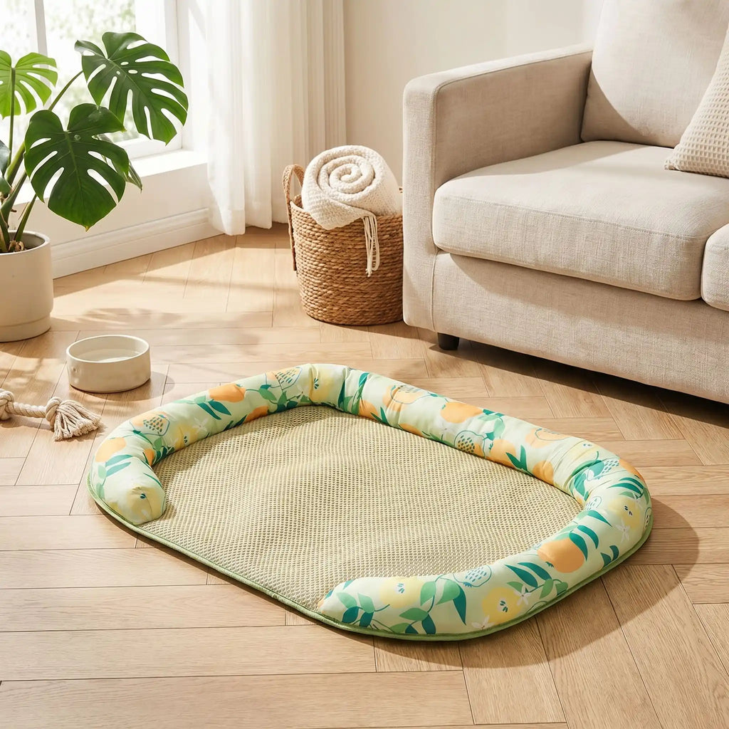 Chien-tapis-rafraichissant-coussin-apaisant avec rebord surélevé en U pour un effet entourant 100% coton haute densité, respirant , lavable et antidérapant, un effet rafraichissant immédiat sans eau ni électricité, sans danger pour les chiens de petites à moyenne tailles-gros plan sur le tapis rafraichissant pour chiot et chien, disponible en 3 tailles S, M et L ppur chien jusqu'à 15 kilos avec son traversin rembourré et son design estival d'agrume sur le sol du salon de l'appartement en été
