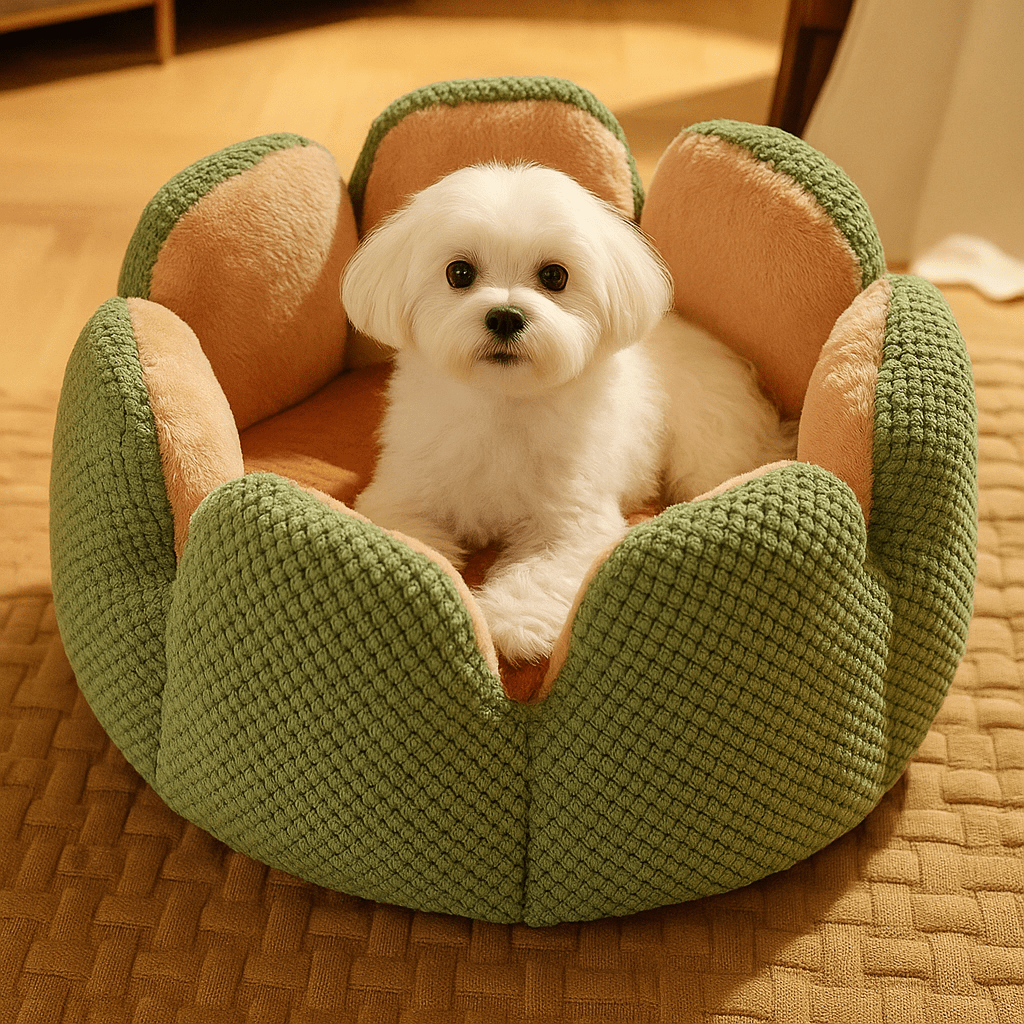 Coussin-anti-stress-petit-chien-chiot-en forme de fleur avec rebord surélevé en forme de pétale-un petit chien assis confortablement dans son petit lit rond en peluche ultra-douce et coussin rembourré 100% coton haute densité lavable en machine dans le salon de la maison