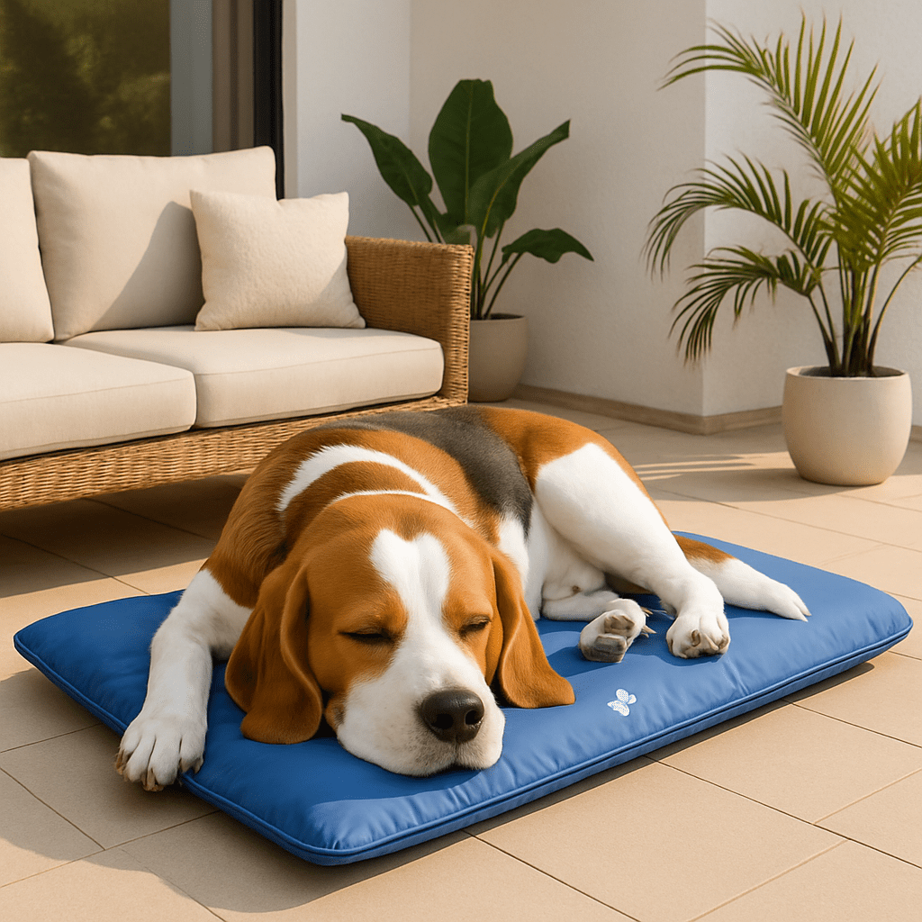 Coussin-pour-chien-personnalisé-imperméable-déhoussable-bleu-un Beagle qui dort confortablement sur son tapis rembourré 100% coton résistant déhoussable, antidérapant, imperméable et lavable en machine sur la terasse de la maison