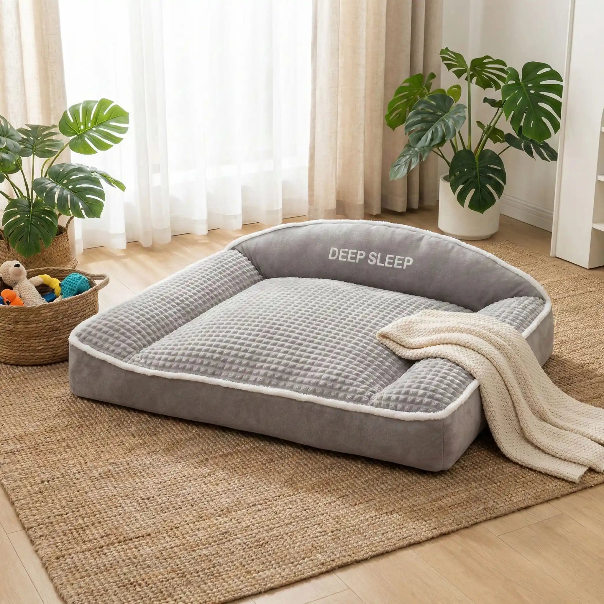Coussin-pour-chien-xxl-matelas-à-mémoire-de-forme- avec-traversin en L rembourrage épais 100% coton haute densité ergonomique, imperméable antidérapant et déhoussable et lavable en machine pour chien de grande taille jusqu'à 50 kg max, résistant aux griffes et morsure- lit rectangulaire de 120 cm de couleur gris