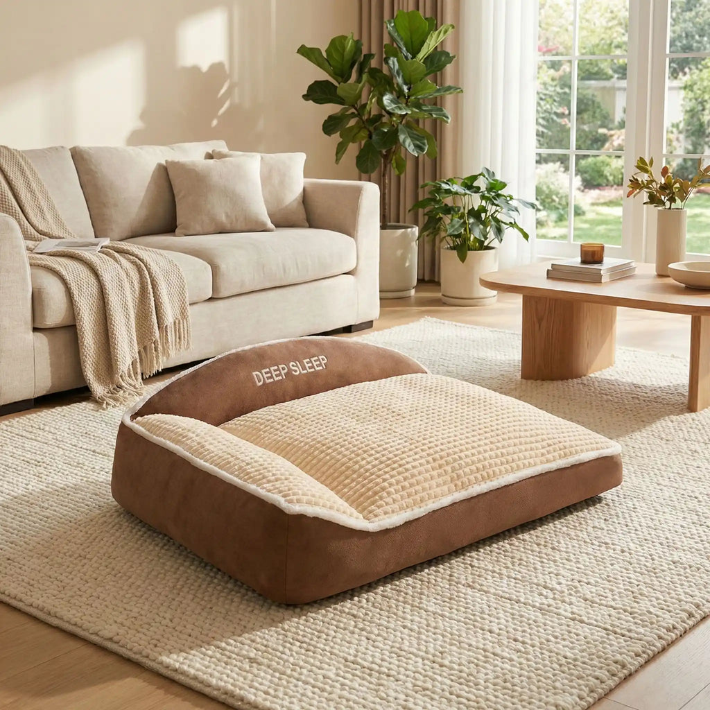 Coussin-pour-chien-xxl-matelas-à-mémoire-de-forme- avec-traversin en L rembourrage épais 100% coton haute densité ergonomique, imperméable antidérapant et déhoussable et lavable en machine pour chien de grande taille jusqu'à 50 kg max, résistant aux griffes et morsure- de couleur marron et beige