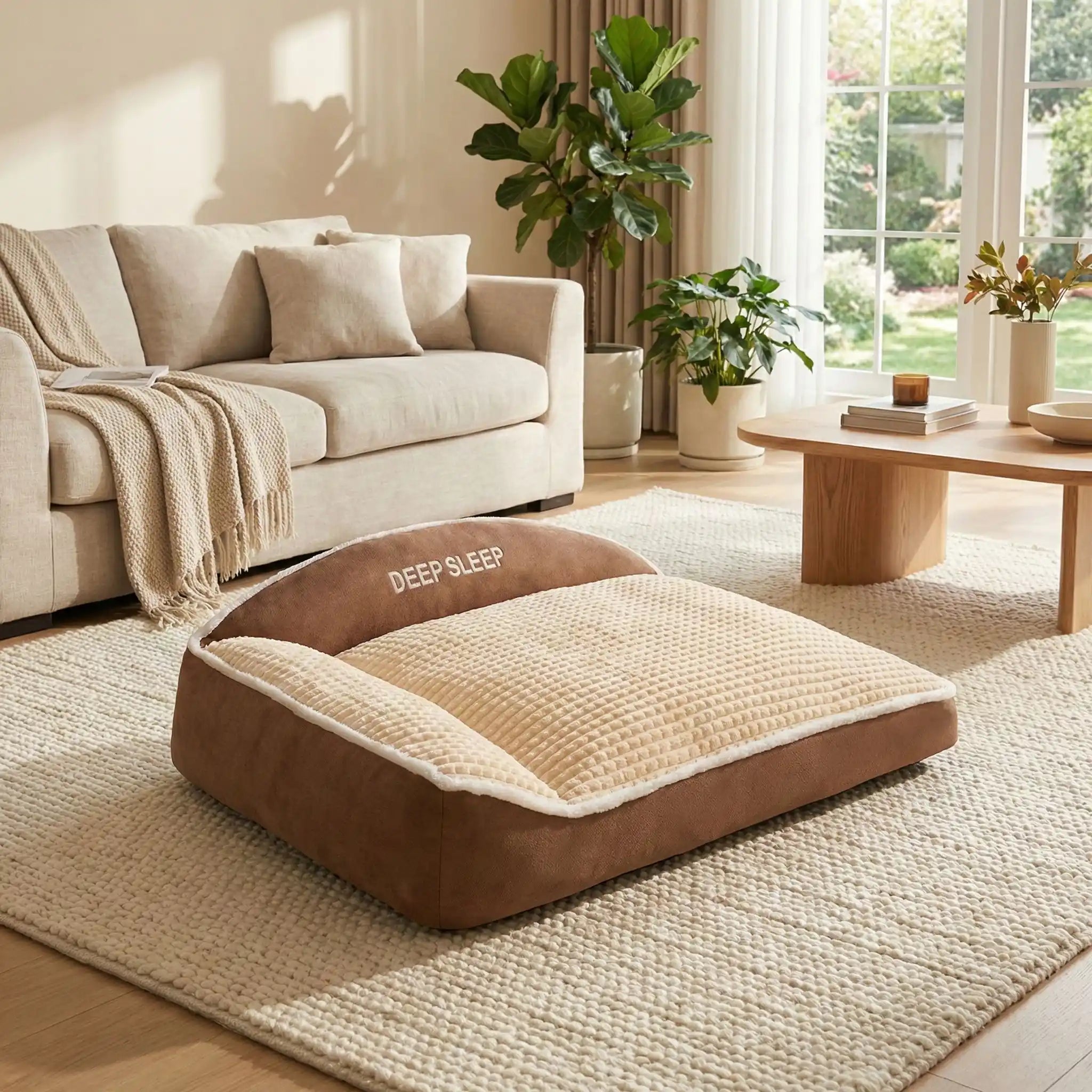 Coussin-pour-chien-xxl-matelas-à-mémoire-de-forme- avec-traversin en L rembourrage épais 100% coton haute densité ergonomique, imperméable antidérapant et déhoussable et lavable en machine pour chien de grande taille jusqu'à 50 kg max, résistant aux griffes et morsure- de couleur marron et beige
