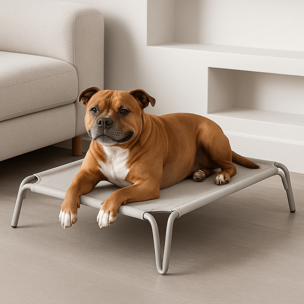 Hamac-pour-chien-imperméable-lit surélevé démontable-lavable-en teslin ultra-résistant aux griffes doux, ergonomique sur pied et cadre en acier inoxydable stable-isole du sol froid, des bactéries et poussière-hygiénique et durable-respirant et rafraichissant en été pour une utilisation polyvalente en intérieur ou extérieur pour toutes tailles de chiens jusqu'à 30 kg-un staffie couché confortablement sur son lit de camp dans le salon du loft 