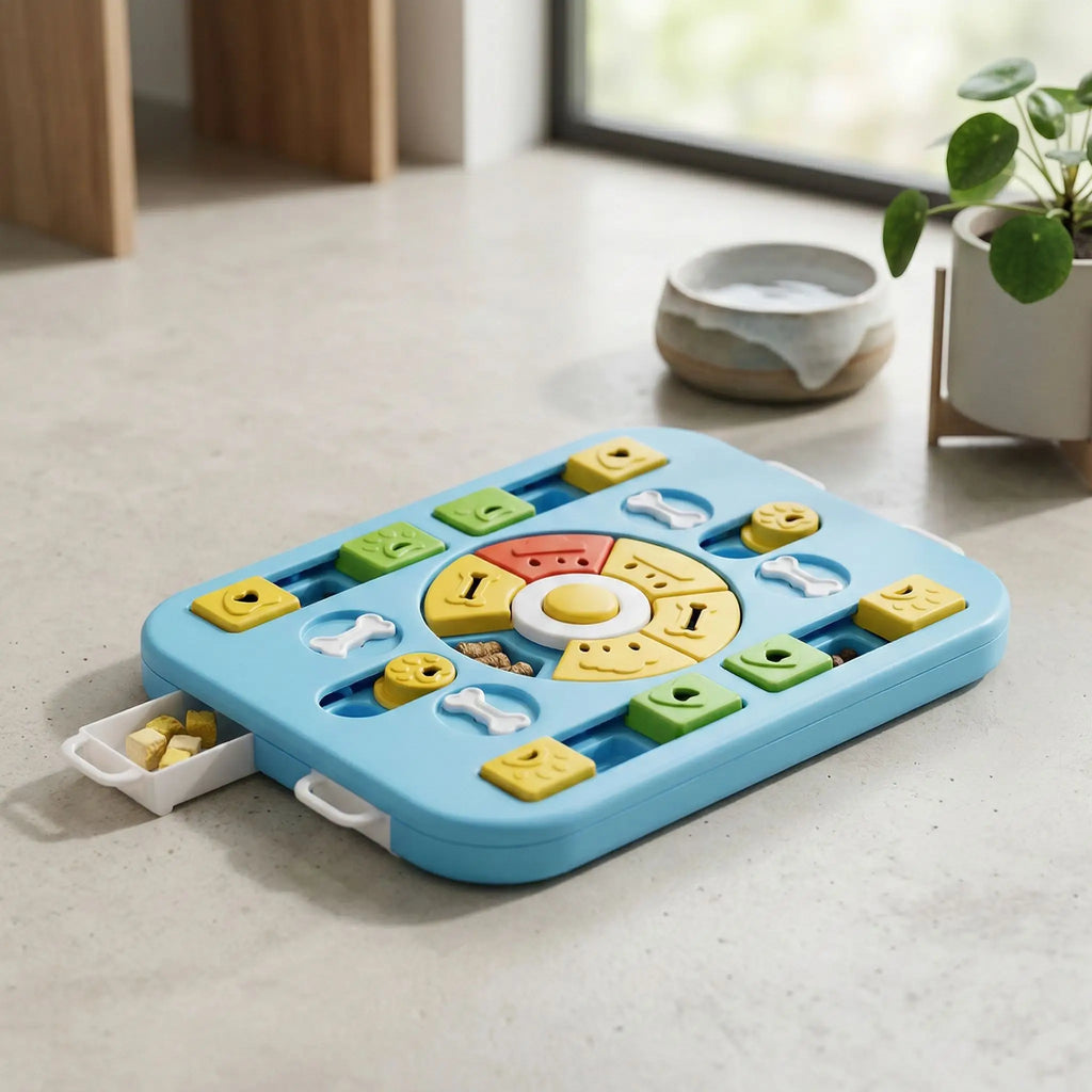 Jeu-pour-chien-intelligent-Qi-anti-anxiété-de-séparation, Design antidérapant avec 4 patins en caoutchouc pour éviter les renversements Matériau PP ultra-résistant, sans danger et compatible lave-vaisselle Dimensions généreuses (35×26×3,8 cm) adaptées à toutes les races 24 points mobiles et 26 trous d'alimentation pour multiplier les défis Bouton sonore central qui éveille la curiosité naturelle- gros plan sur le jouet d'occupation et interactif de  couleur bleu, niveau 3 expert pour les chiens intelligent 