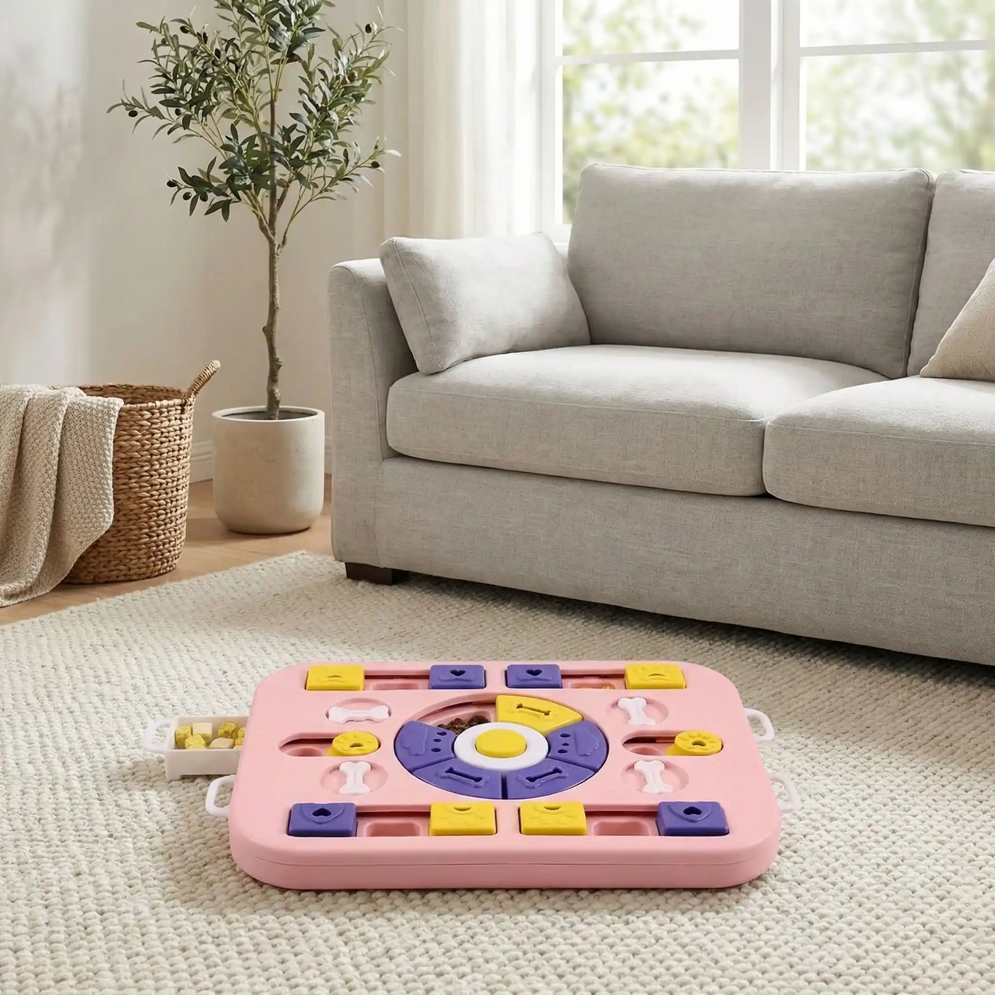 Jeu-pour-chien-intelligent-Qi-anti-anxiété-de-séparation, Design antidérapant avec 4 patins en caoutchouc pour éviter les renversements Matériau PP ultra-résistant, sans danger et compatible lave-vaisselle Dimensions généreuses (35×26×3,8 cm) adaptées à toutes les races 24 points mobiles et 26 trous d'alimentation pour multiplier les défis Bouton sonore central qui éveille la curiosité naturelle- gros plan sur le jouet intelligent distributeur de croquette de couleur rose