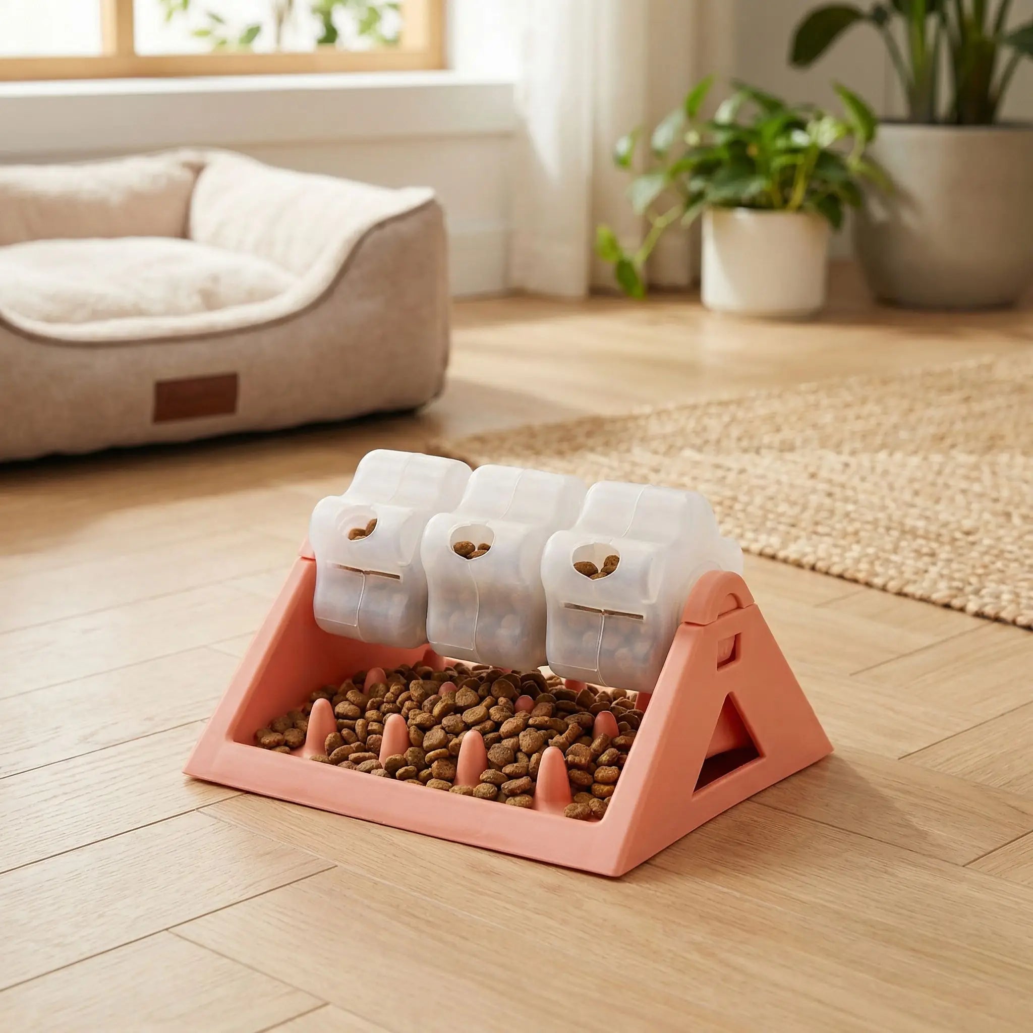 Jouet-intelligent-pour-chien-alimentaire, gamelle anti glouton qui stimule son intelligence et ses capacité motrices, avec ses 3 compartiments rotatifs sur le support stable et antidérapant en forme de triangle fond qui récupère les croquettes anti-fuite et 100% imperméable, lavable à l'eau et au  lave vaisselle, demontable faciment par un clip pour une hygiène parfaite-photo du modèle rose remplie de croquettes et friandises pour chien sur le sol du salon de l'appartement prêt à l'emploi