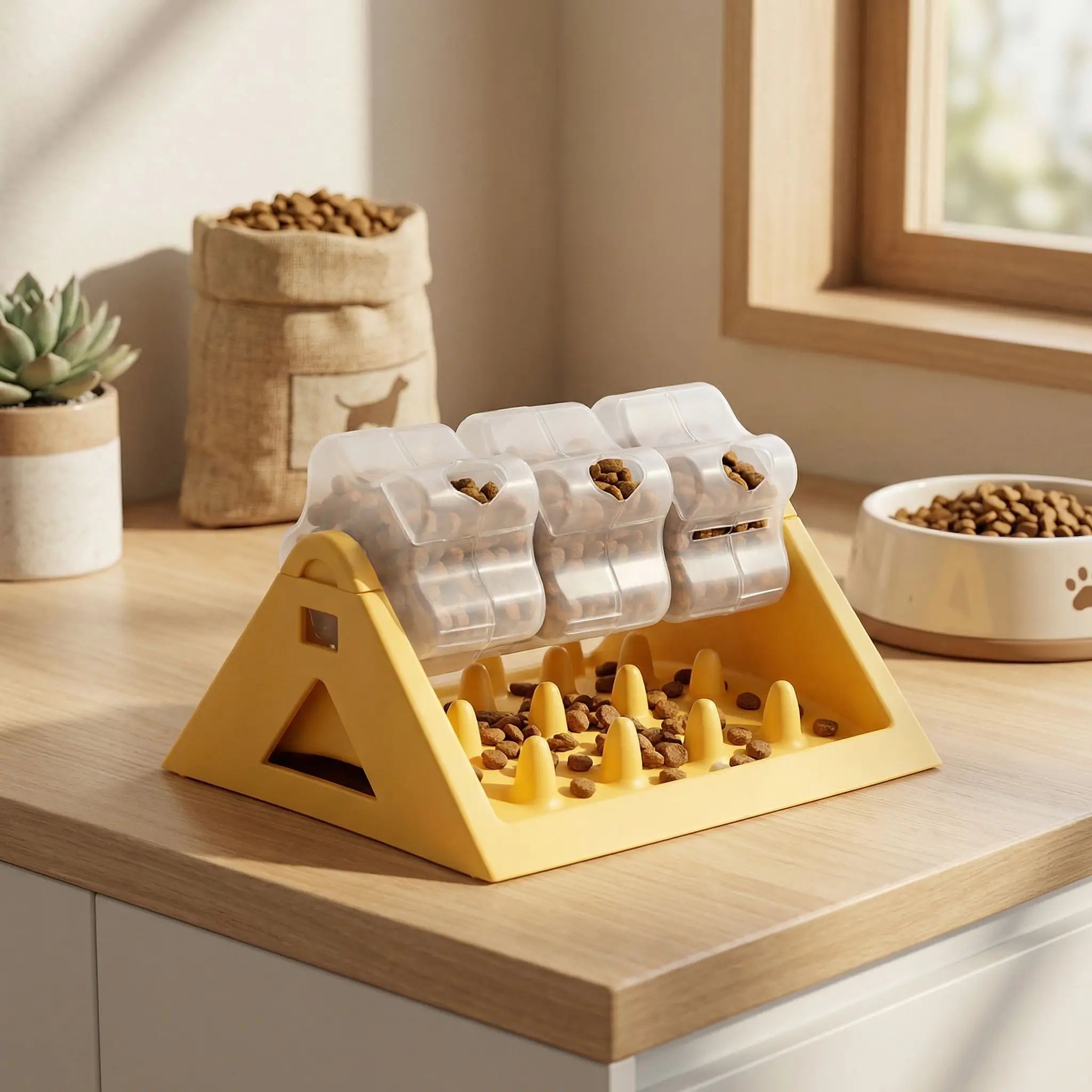 Jouet-intelligent-pour-chien-alimentaire, gamelle anti glouton qui stimule son intelligence et ses capacité motrices, avec ses 3 compartiments rotatifs sur le support stable et antidérapant en forme de triangle fond qui récupère les croquettes anti-fuite et 100% imperméable, lavable à l'eau et au  lave vaisselle, demontable faciment par un clip pour une hygiène parfaite- gros plan sur le modèle de couelur jaune remplie de croquettes pour chien sur le meuble de la cuisine