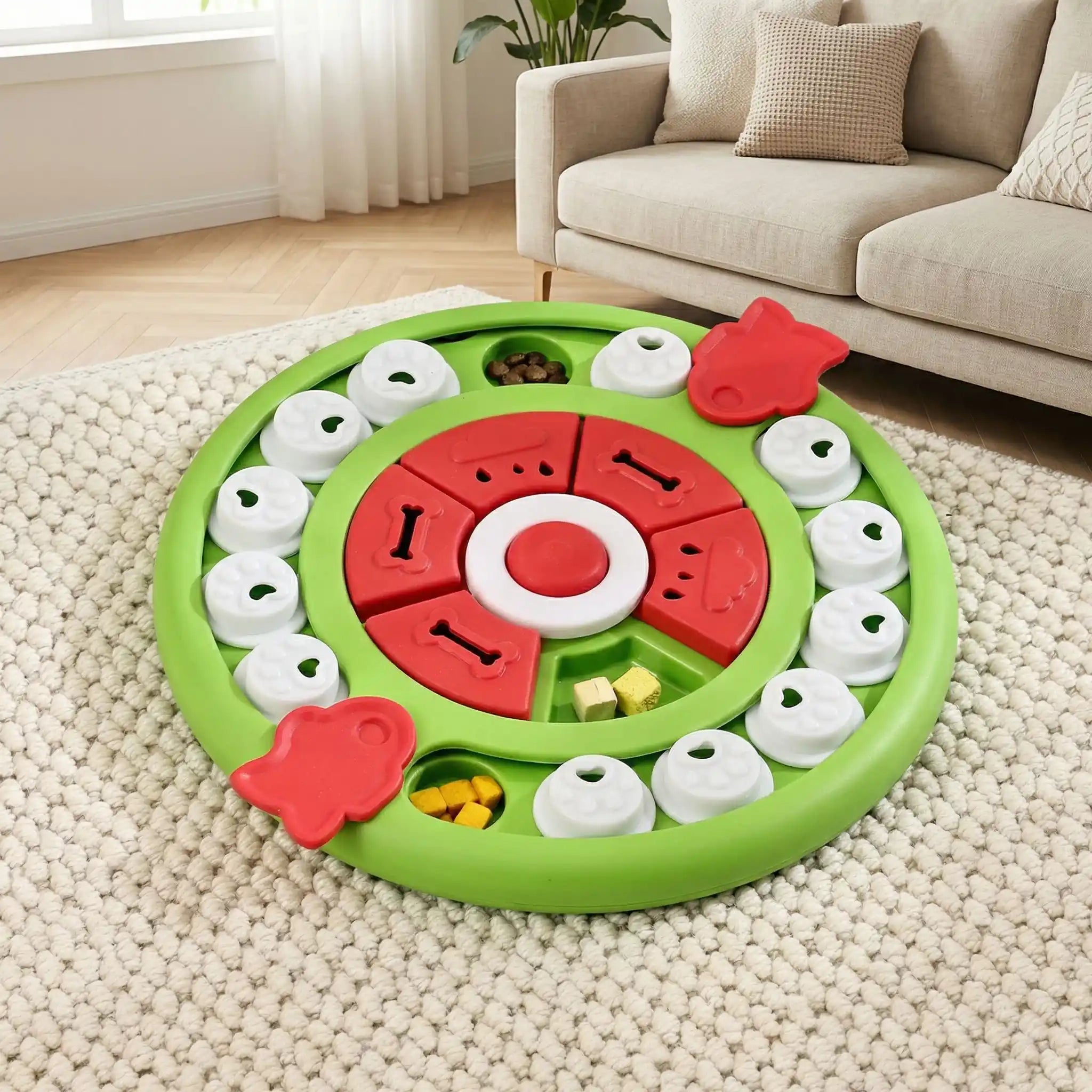 Jouet-intelligent-pour-chien-chiot-puzzle-compatible pour le lave-vaisselle, surface arrondie et lisse qui respecte sa langue et ses dents Réduction immédiate des vomissements après repas Meilleure assimilation des nutriments grâce à la mastication Satiété prolongée qui évite les demandes constantes Convient aux chiots comme aux chiens adultes-stimulation mentale-gros plan sur le modèles vert avec ces 3 jeux pour faire glisser déplacer et son bouton interactif sonore pour divertir et ralentir l'alimentation