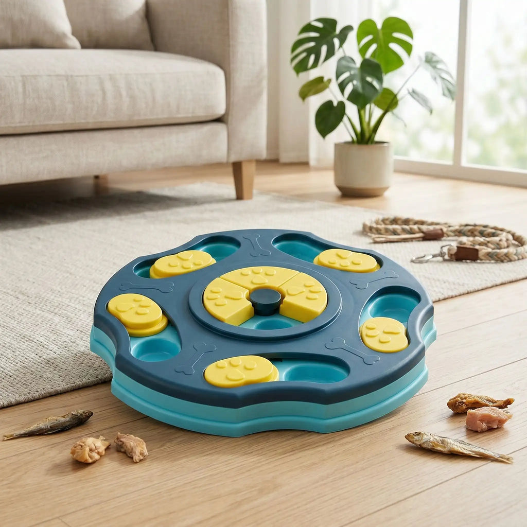 Jouet-intelligent-pour-chien-actif, robuste , puzzle alimentaire, gamelle anti-glouton, distributeur de croquette, sans BPA etr lavable en lave vaisselle , avec 5 pieds surélevés antidérapant pour chiot et chien, jeu d'entrainement mentale, anti anxiété, jouet d'occupation avec recherche de croquettes cachées, jouet anti ennui, idéal pour chien destructeurs ou agités- modèle bleu en gros paln avec ses 8 cachettes glissantes pour des cachettes accessible pour tous les chiens ou chiots