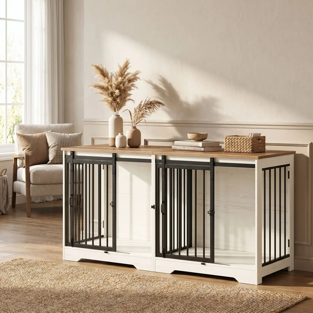 Meuble-cage-pour-chien-doublepetit et moyenne taille-cage 136 cm bois foncé et blanc, 4 portes avec 2 portes avant coulissantes avant en barreaux acier robuste et deux portes latérales en barreaux noir, avec séparateur amovible au milieu, rectangulaire et design moderne, imperméable et robuste avec serrures pour chiot et chien-gros plan sur  le meuble niche avec porte à barreaux avant et séparateur ouverts et portes latérales fermées par serrures et décoration dessus dans le salon de l'appartement
