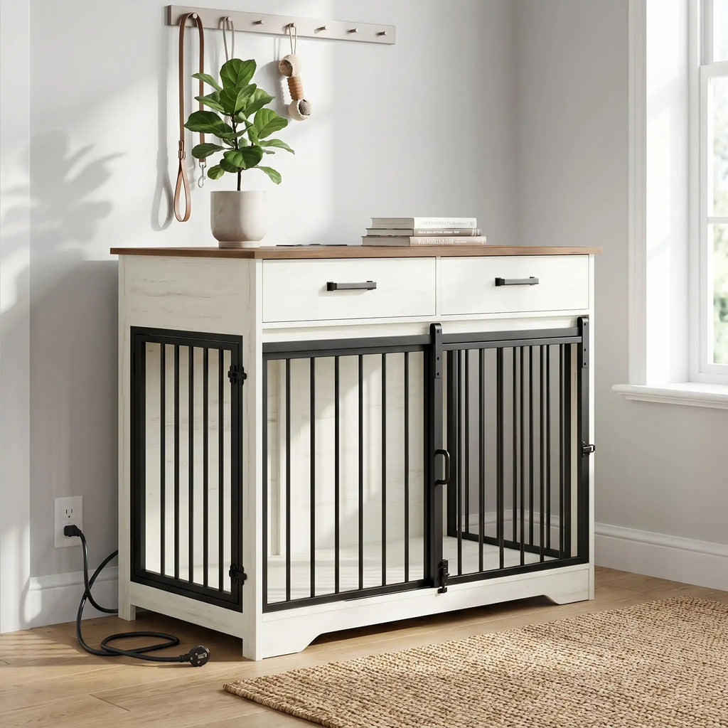 Meuble-cage-pour-chien-petit et moyenne taille-cage-97 cm en bois marron foncé et blanc, 3 portes avec 1 porte avant coulissante avant en barreaux acier robuste et deux portes latérales en barreaux noir, avec deux tiroirs de rangement, rectangulaire et design moderne, imperméable et robuste avec serrures pour chiot et chien de 0 à 25 kg-gros plan sur le meuble cage avec ses 3 portes fermées avec sa prise intégrée branché pour la station de recharge intégré sur la console avec 2 prises type C et 2 prises USB