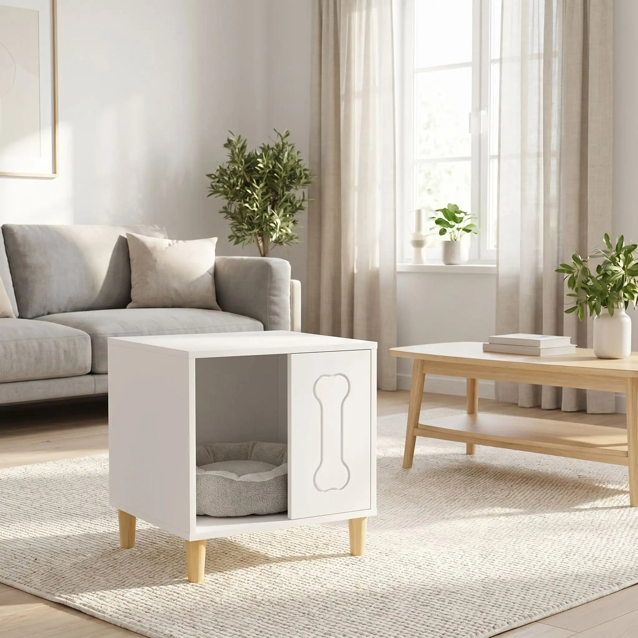 Meuble-niche-chien-interieur en bois et au design contemporain de forme cubique sur 4 pieds surélevés en bois antidérapant avec un décor d'os gravé sur l'avant avec ouverture pour une entrée et descente facile sur un quart du meuble pour chiot et chien de petite taille de 0 à 3 kg-un chihuahua qui monte facilement dans sa niche en bois design avec le panier rond du chien dedans qui sert de meuble d'appoint et de décoration dans le salon de l'appartement