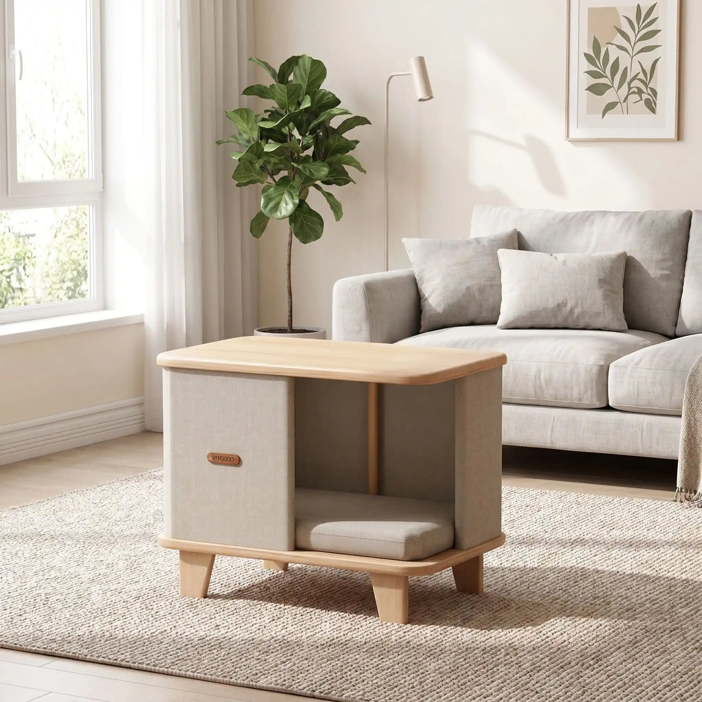Meuble-niche-chien-interieur-chiot-design- en bois massif d'hêtre et de pin robuste avec son coussin interieur en lin écologique épais rembourré 100% coton PP amovible et lavable, bords arrondis anti-blessure sur 4 pieds robustes en bois, matériaux 100% naturels de couleur marron clair et beige, format compact, idéal pour les petits espaces, imperméable-gros plan sur le meuble niche rectangulaire au style des années soixante avec ses bords arrondis et ses lignes harmonieuse dans le salon de l'appartement