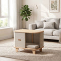 Meuble-niche-chien-interieur-chiot-design- en bois massif d'hêtre et de pin robuste avec son coussin interieur en lin écologique épais rembourré 100% coton PP amovible et lavable, bords arrondis anti-blessure sur 4 pieds robustes en bois, matériaux 100% naturels de couleur marron clair et beige, format compact, idéal pour les petits espaces, imperméable-gros plan sur le meuble niche rectangulaire au style des années soixante avec ses bords arrondis et ses lignes harmonieuse dans le salon de l'appartement