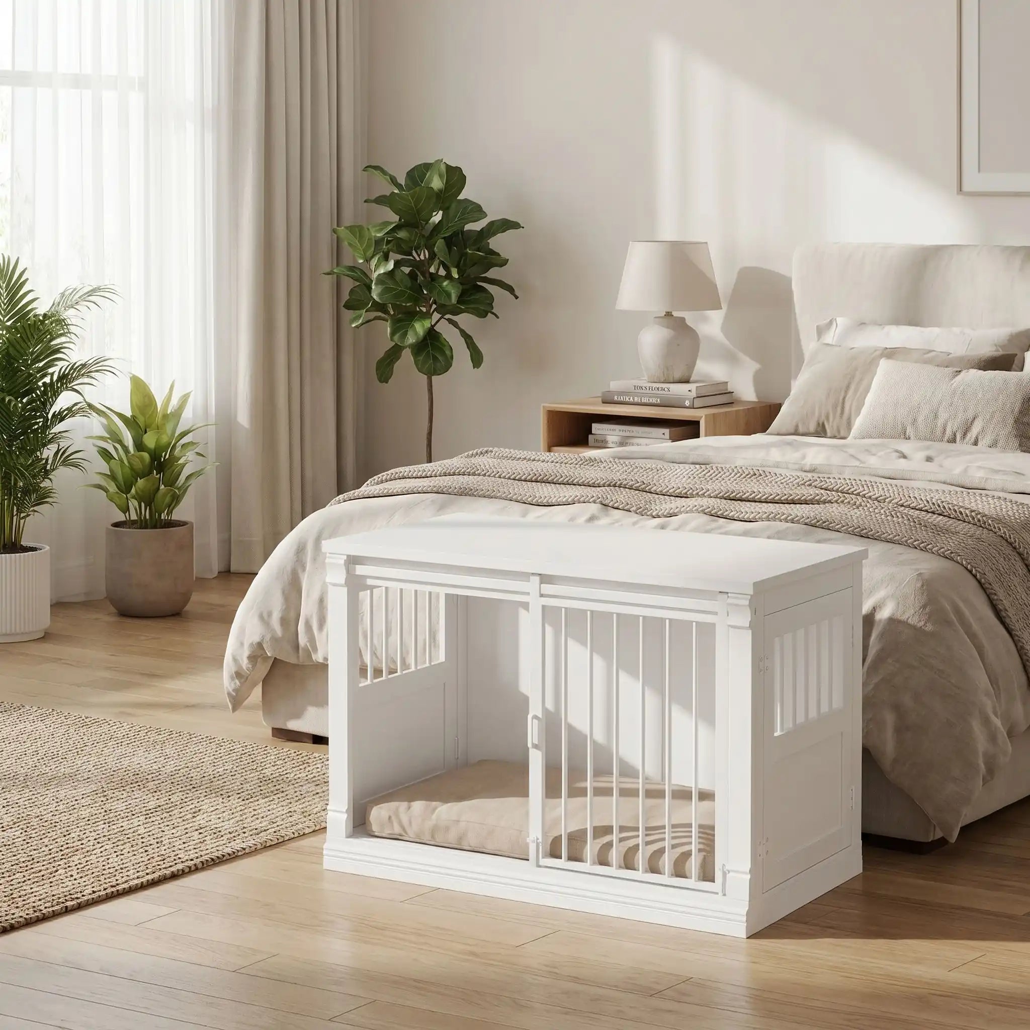 Meuble-niche-pour-chien-petit et moyenne taille-cage-100 cm en bois clair naturel pour la console et porte en bois, 3 portes avec porte coulissante avant en barreaux acier robuste et deux portes latérales en bois et barreaux blanc, capacité de charge jusqu'à 100 kg, rectangulaire et design moderne, imperméable et robuste avec serrures anti fuite pour chiot et chien de 0 à 25 kg-gros plan sur le meuble niche pour chiot et chien avec porte à barrreaux avant ouverte