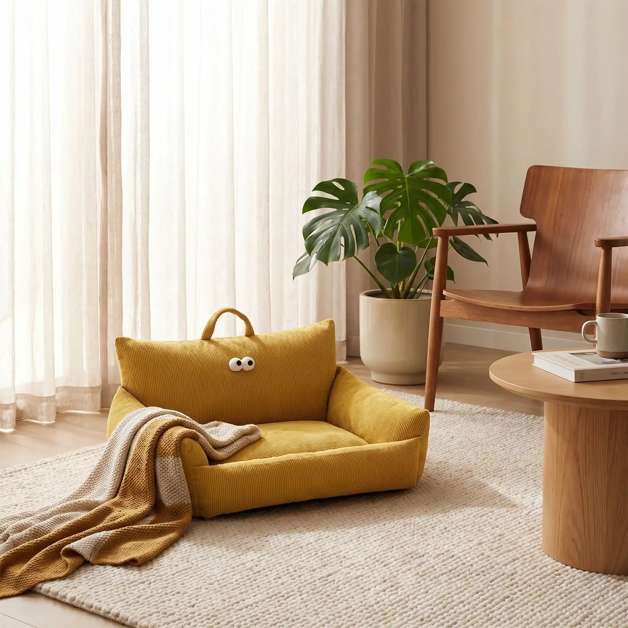 Canape-lit-chien-apaisant, mini fauteuil en lin et rembourrage épais 100% coton haute densité, avec accoudoir et dossier ergonomique, lavable en machine, antidérapant et fond imperméable anti-moissisure, housse 100% lin résistant aux griffes et respirant pour un couchage 4 saisons pour chiot et chien de petite taille de 0 à 10 kilos max-gros plan sur  le petit canapé moelleux de couleur ocre avec dossier et accoudoirs rembourrés 100% coton avec design original