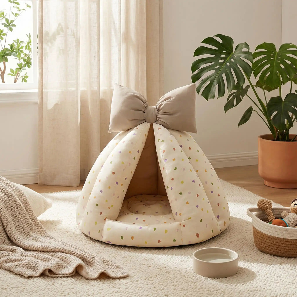 Niche-chien-interieur-coussin-apaisant-rembourrage et tissu 100% coton PP hypoallergénique et écoresponsable poiur petit chien et chiot de 0 à 8 kilos-coussin amovible et lavable en machine, antidérapant et fond imperméable-deux coloris disponible bleu et beige avec noeud décoratif sur le sommet-design tipi ou tente interieur