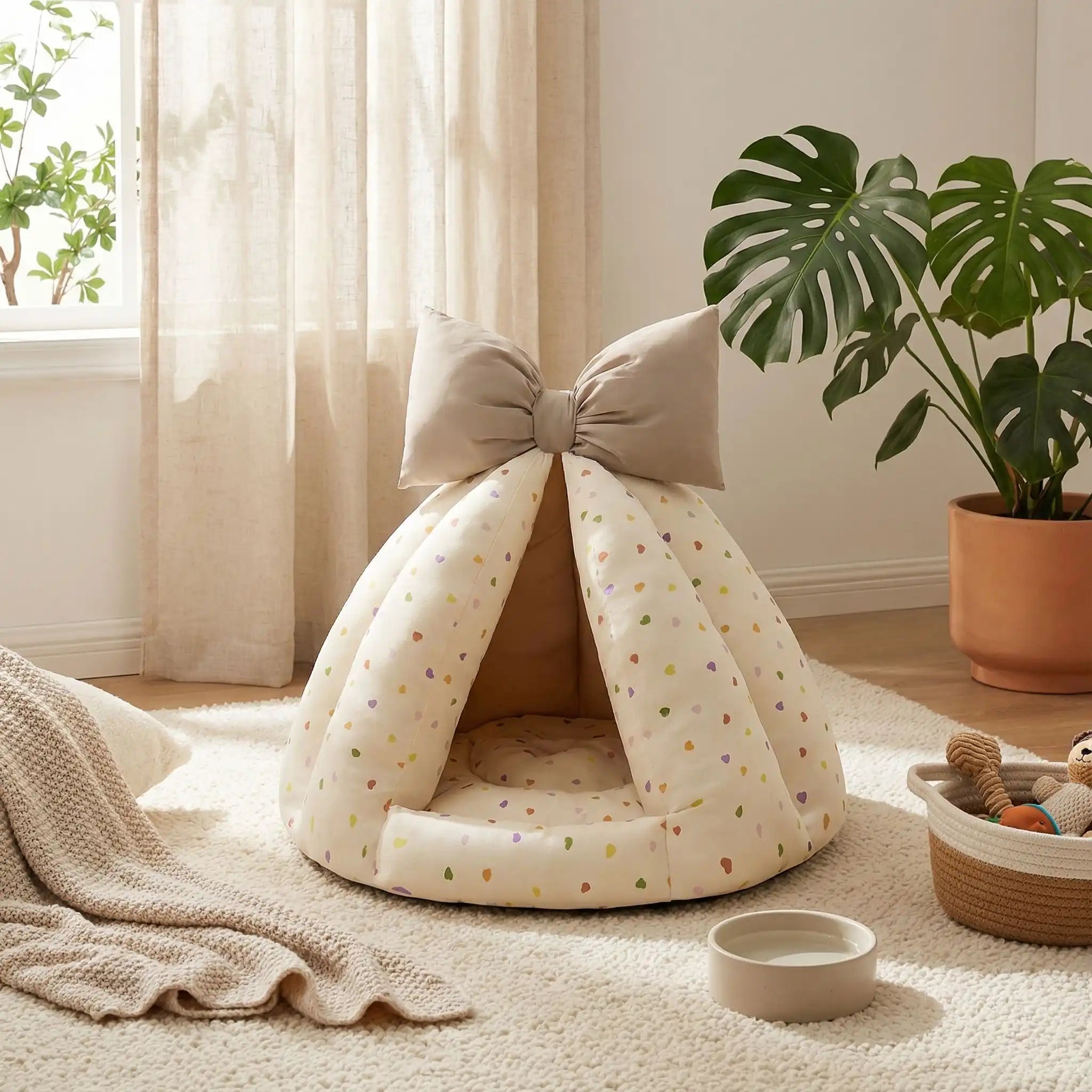 Niche-chien-interieur-coussin-apaisant-rembourrage et tissu 100% coton PP hypoallergénique et écoresponsable poiur petit chien et chiot de 0 à 8 kilos-coussin amovible et lavable en machine, antidérapant et fond imperméable-deux coloris disponible bleu et beige avec noeud décoratif sur le sommet-design tipi ou tente interieur