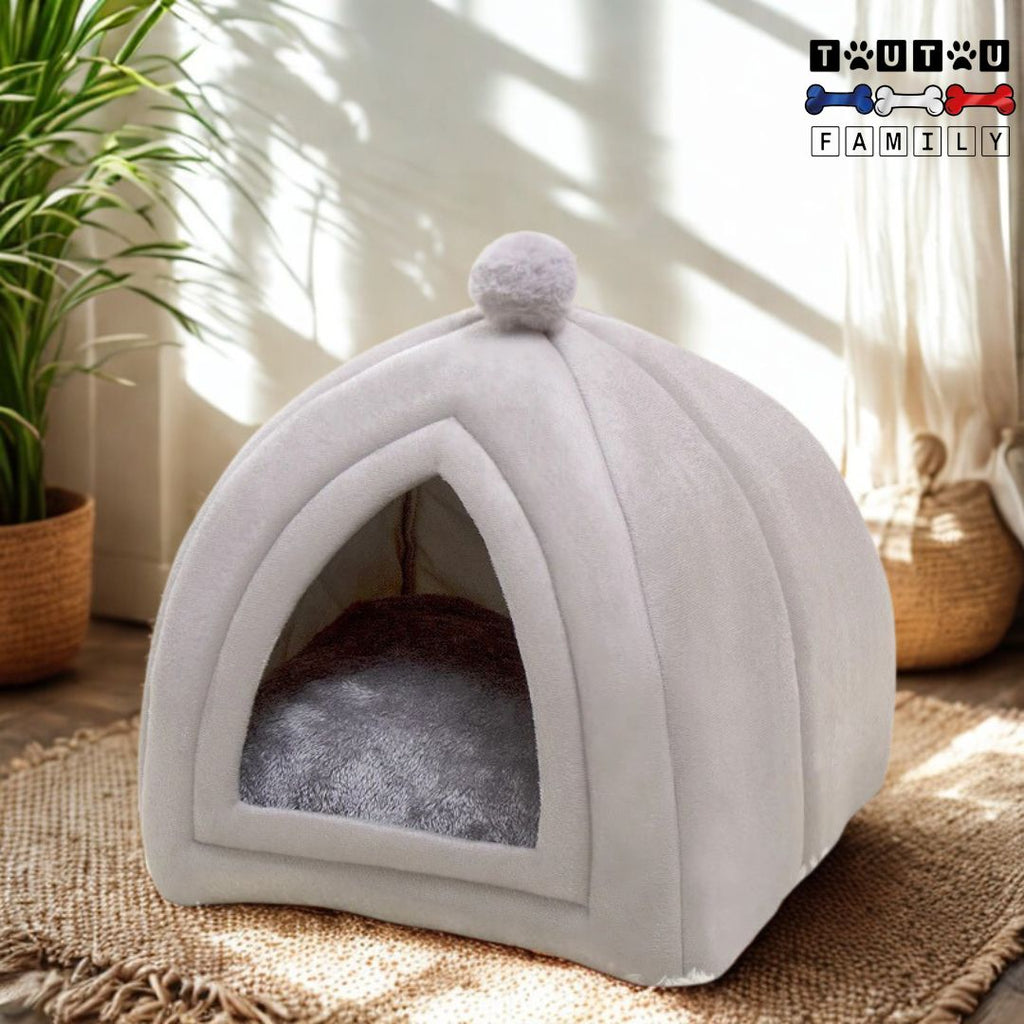 Niche-d-intérieur-pour-chien-petite-taille-grise-pour chien toy-chien-de-race naine-petite-tailles-mini-chien-jusqu'à 3 kg-protège du sol froid-des-courants-d-air-pour-chiens-frileux avec un coussin intérieur lavable et amovible en forme de yourte