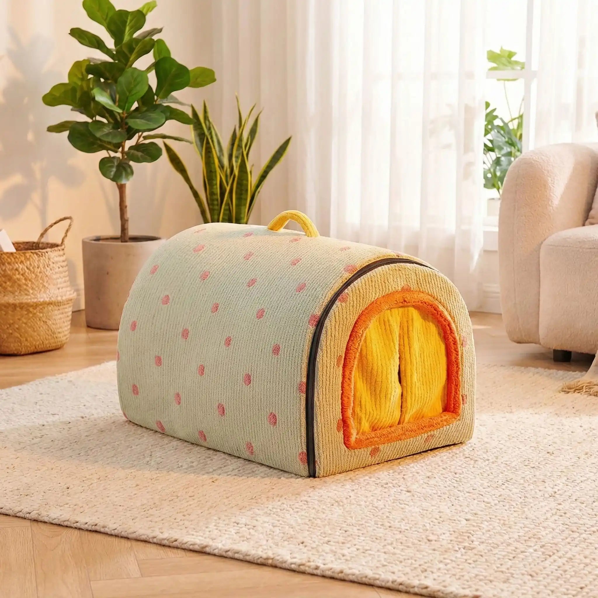 Niche-pour-chien_interieur-chiot-lavable-antiderapante lavable en machine à 30°C pour un entretien minimal,avec poignée de transport Structure pliable facilitant le transport et le rangement Isolation thermique naturelle contre le froid et les courants d'air Design fermé aux stimuli visuels et sonores stressants Trois tailles adaptées de 0 à 12 kg pour tous les petits à chiens moyens-modèle vert  disponible en taille S, M et L pour chiot ou chien jusqu'à 12 kilos max sur le sol du salon de la maison