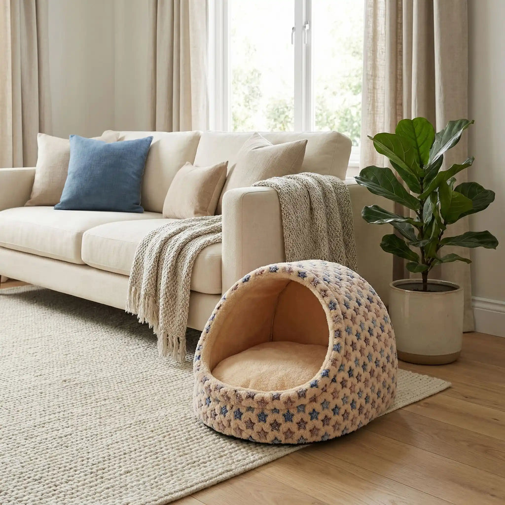 Panier-chien-niche-chiot-anti-anxiete-anti-stress avec coussin amovible déhoussable et lavable en machien, toucher velours, hypoallergénique et 100% coton haute densité avec motif étoiles en 3 coloris bleu, rose et marron pour les races de petits chiens, races naines et chiot-gros plan sur la niche pour petit chien de couleur marron avec motif fin d'étoiles