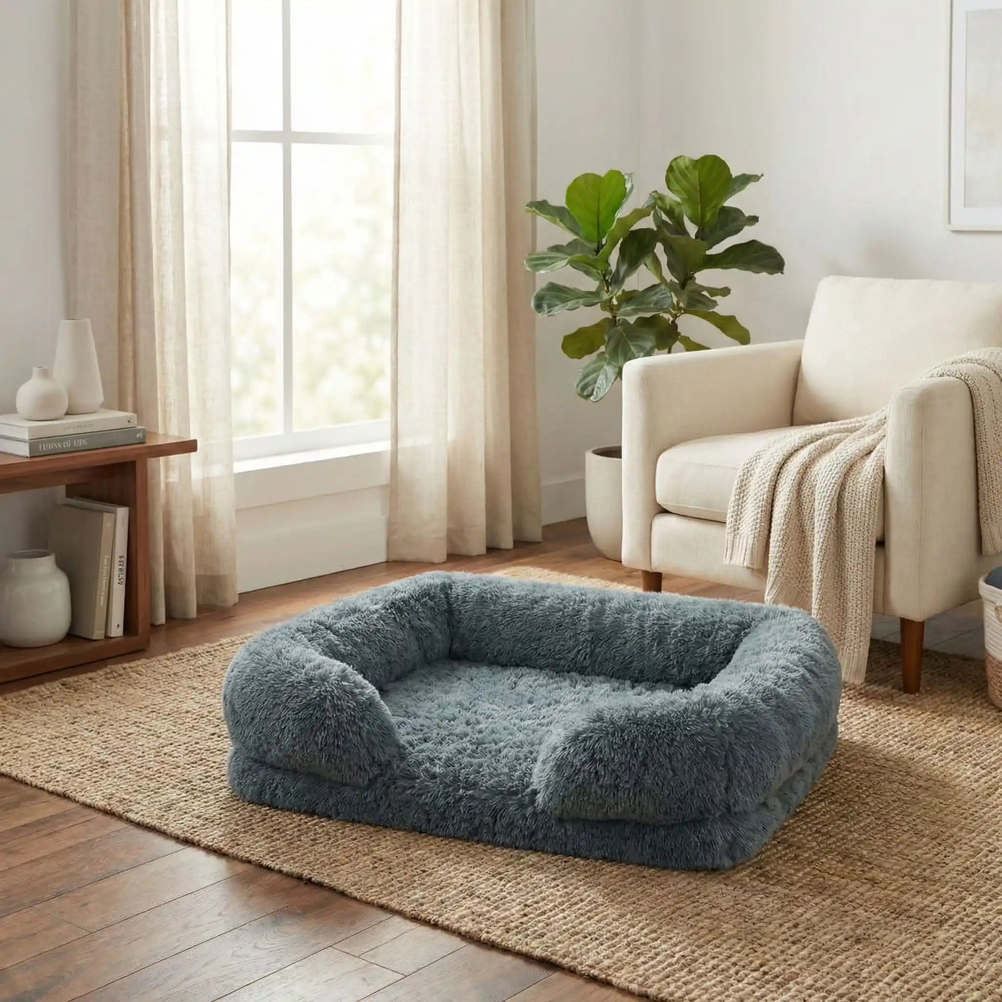 Panier-orthopédique-chien-déhoussable-coussin rectangulaire avec rebord surélevé en traversin qui sert d'oreiller ergonomique à 360° rembourrage 100% coton haute densité pour un effet anti stress et anti anxiété-housse en peluche ultra douce, hypoallergénique, imperméable, antidérapant et lavable en machine pour chiot et chien de taille petite à moyen jusqu'à 15 kg max-couleur gris