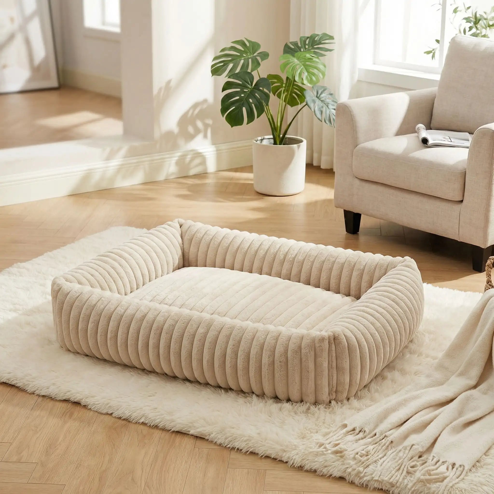 Panier-pour-chien-chiot-confort-velours, ergonomique avec son rembourrage 100% coton haute densité à mémoire de forme, lit chaud et apaisant, anti stress et anxiété avec son rebord surélevé sur 360° de forme rectangulaire, antidérapant et fond imperméable, lavable en machine-gros plan sur le panier de couleur crème en taille L pour chien de taille moyenne jusqu'à 15 kilos maximum sur le sol du salon de l'appartement