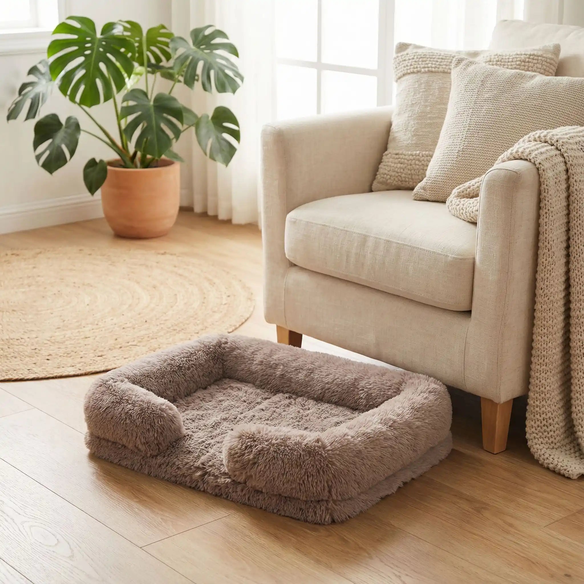 Panier_pour_petit_chien_chihuahua-déhoussable-coussin rectangulaire avec rebord surélevé en traversin qui sert d'oreiller ergonomique à 360° rembourrage 100% coton haute densité pour un effet anti stress et anti anxiété-housse en peluche ultra douce, hypoallergénique, imperméable, antidérapant et lavable en machine pour chiot et chien race naine et miniature  de 0 à 2 kg max-de couleur beige et marron