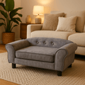 Petit-canape-pour-chien-race-naine-gris et design soigné et moderne-dossier capitonné, coussin intérieur épais en mousse haute densité déhoussable t lavable en machine et revêtement en tissu en peluche douce et courte comme du velours-surélevé par 4 pieds noir