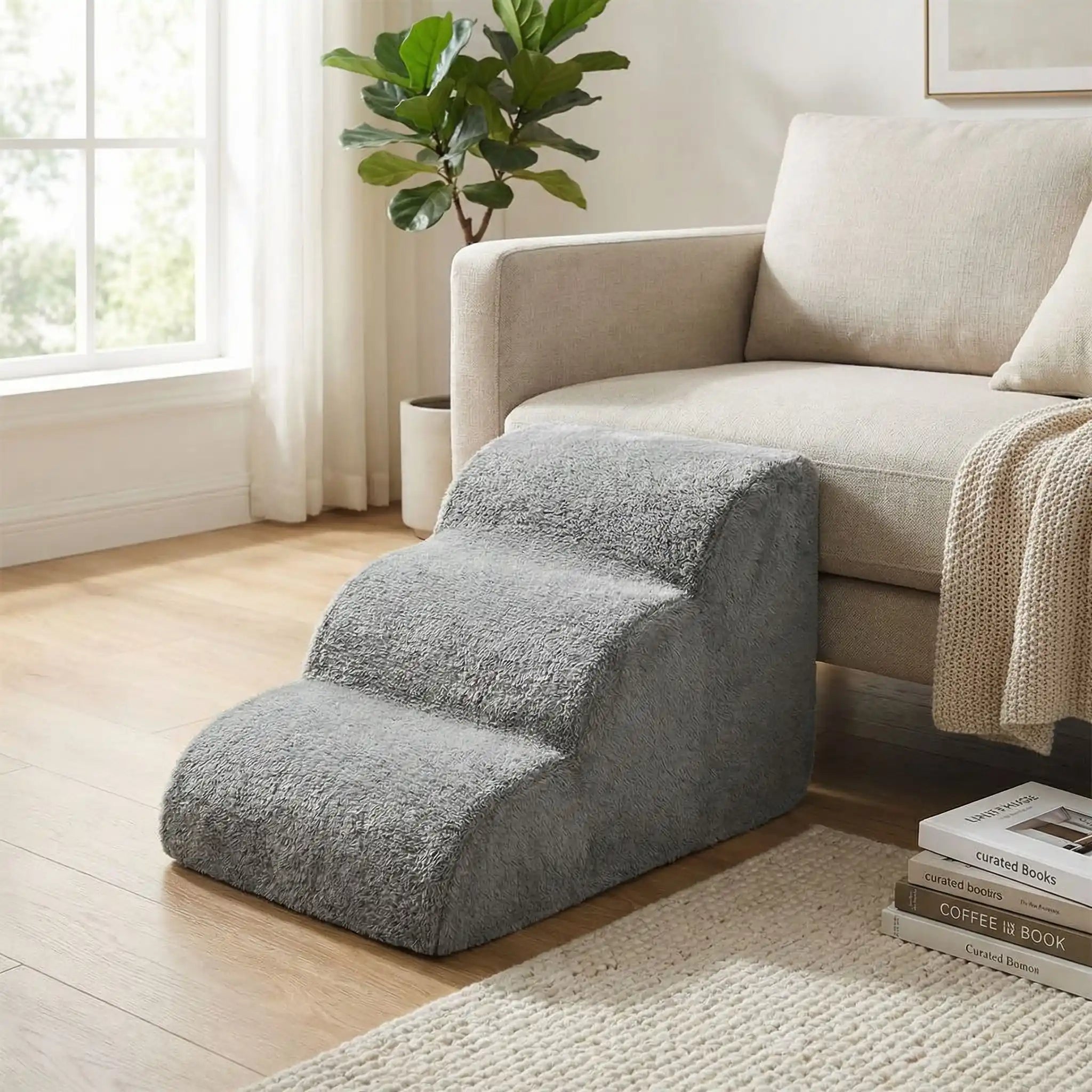 Petit-escalier-pour-chien-anti-deformationen mousse éponge haute résilience qui atténue la pressions sur  ses articulations, résistant et doux pour ses coussinets, déhoussable et lavable en machine de couleur gris pour chien de petite taille, polyvalent compact et transportable-ultra doux et résistant aux griffes