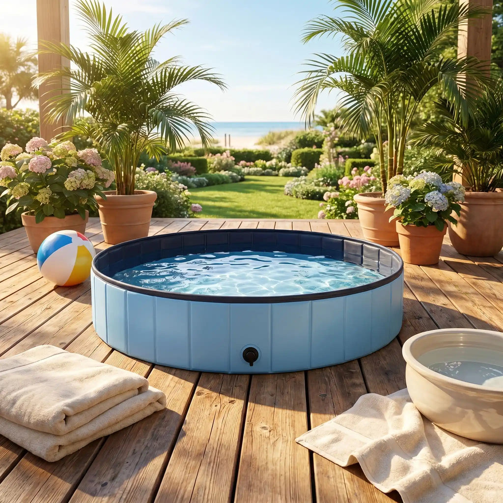 Piscine-pour-gros-chien-rigide-xxl, panneaux MDF robuste anti-affaissement, pliable et lavable de diamètre 160 cm et de 30 cm de hauteur étudié pour une entrée et sortie facile et sécurisé pour le chien avec bouchon de vidange pratique et rapide, polyvalente piscine à balle, bassin, baignoire pour toilettage-gros plan sur la piscine pour grand chien xxl de couleur bleu avec installation immédiate sans gonflage sur la terrasse de la maison en été