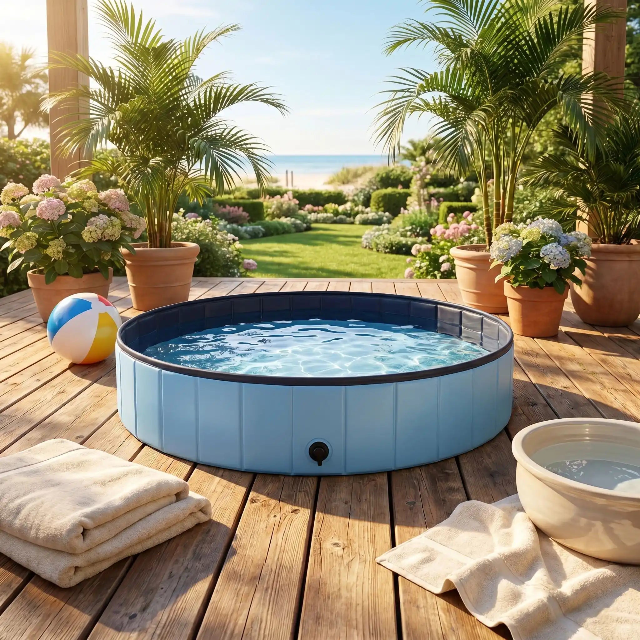 Piscine-pour-gros-chien-rigide-xxl, panneaux MDF robuste anti-affaissement, pliable et lavable de diamètre 160 cm et de 30 cm de hauteur étudié pour une entrée et sortie facile et sécurisé pour le chien avec bouchon de vidange pratique et rapide, polyvalente piscine à balle, bassin, baignoire pour toilettage-gros plan sur la piscine pour grand chien xxl de couleur bleu avec installation immédiate sans gonflage sur la terrasse de la maison en été