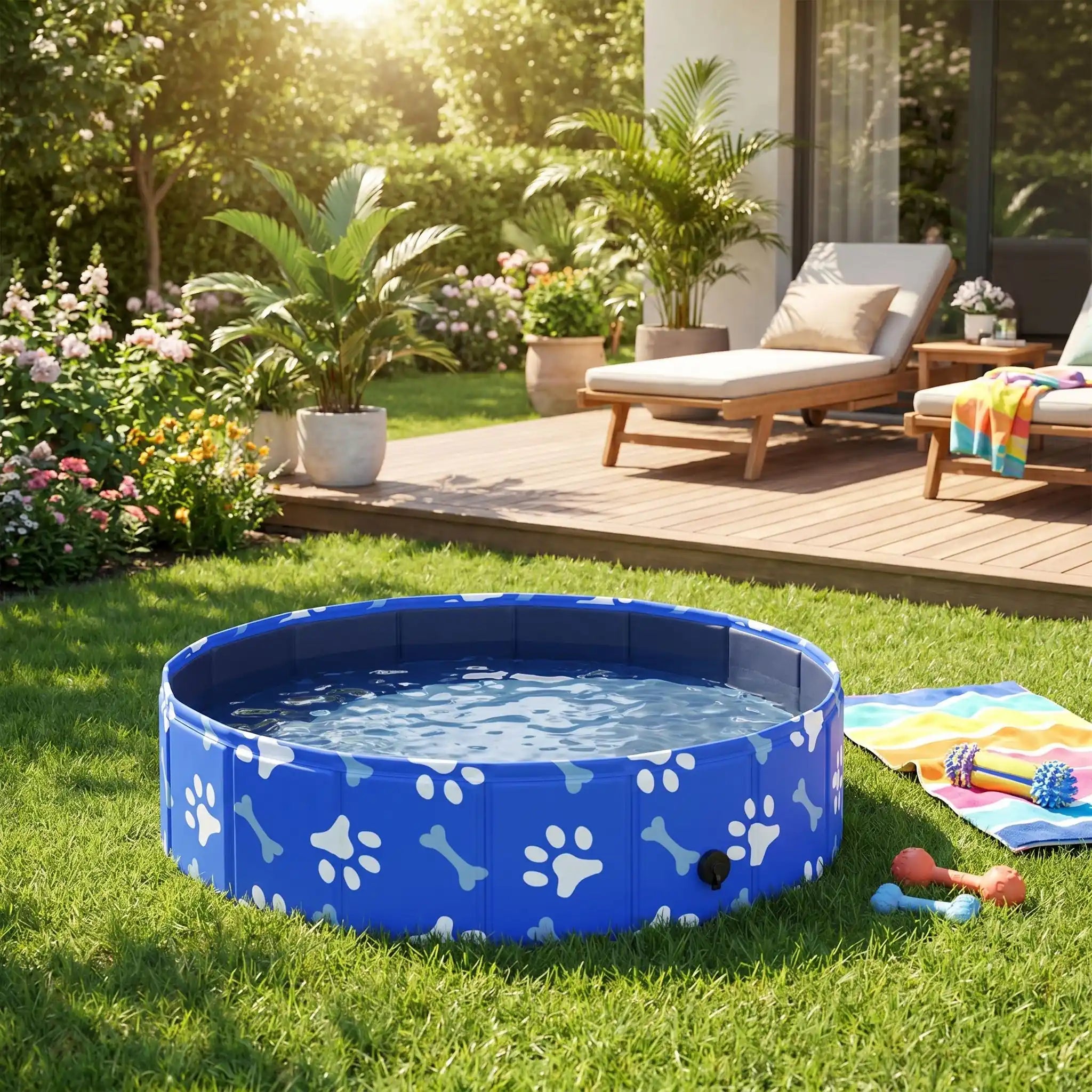 Piscine-rigide-pour-chien-rigide en panneaux MDF robuste anti-affaissement, pliable et lavable de diamètre 80 cm et de 20 cm de hauteur étudié pour une entrée et sortie facile et sécurisé pour le chien avec bouchon de vidange pratique et rapide, polyvalente piscine à balle, bassin, baignoire pour toilettage-gros plan sur la piscine pliable rigide à panneaux pliables pour chiot et chien de petite à moyenne taille de 0 à 15 kg