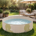 Piscines-pour-chiens-rigide en panneaux MDF robuste anti-affaissement, PVC sans produits toxiques , pliable et lavable de diamètre 80/100/120 cm et de 20/30 cm de hauteur étudié pour une entrée et sortie facile et sécurisé pour le chien avec bouchon de vidange pratique et rapide, polyvalente piscine à balle, bassin, baignoire pour toilettage-gros plan sur la piscine pour chien et chiot de couleur beige et verte dans le jardin pour chien de petite à grande taille jusqu'à 45 kg max