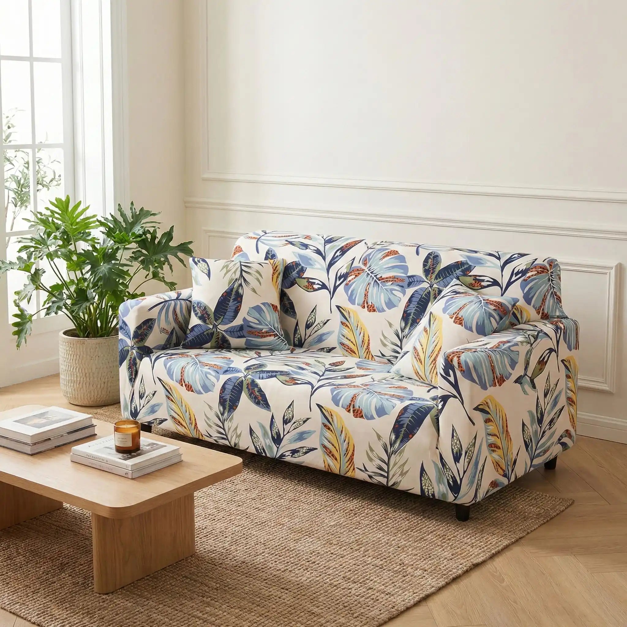 Protection-canape-chien-anti-poils-anti accident, lavable en machine, haute élasticité et resistante aux griffes et à l'usure, universelle en 4 tailles pour fauteuil, canapé de 2/3/4 places, avec élastique et bloque plis-modèle de feuilles diverses au détails fins et soignées de couleurs chaude et pastels en 4 tailles pour toutes les longueurs de canapé 1/2/3/4 places