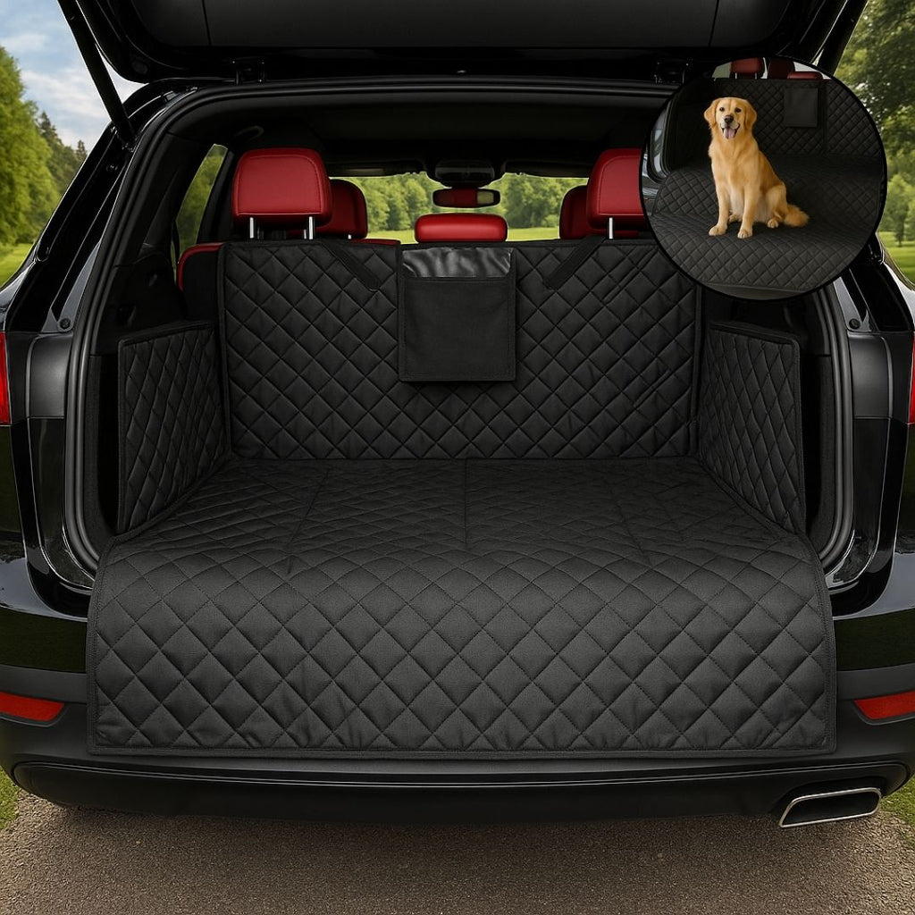 Protection-coffre-voiture-chien-avec-sangle et clips et pochette de rangement, installation rapide, pliable 100% imperméable résistant aux griffes et morsures, solide et durable, lavabvle, tissu oxford, rembourrage 100% coton haute densité, protection totale des sièges, deux côtés latéraux  avec attache appui tete, antidérapant et confortable pour tous les chiens, taille universelle adaptable à tout type de véhicules-de couleur noir, lavable en machine