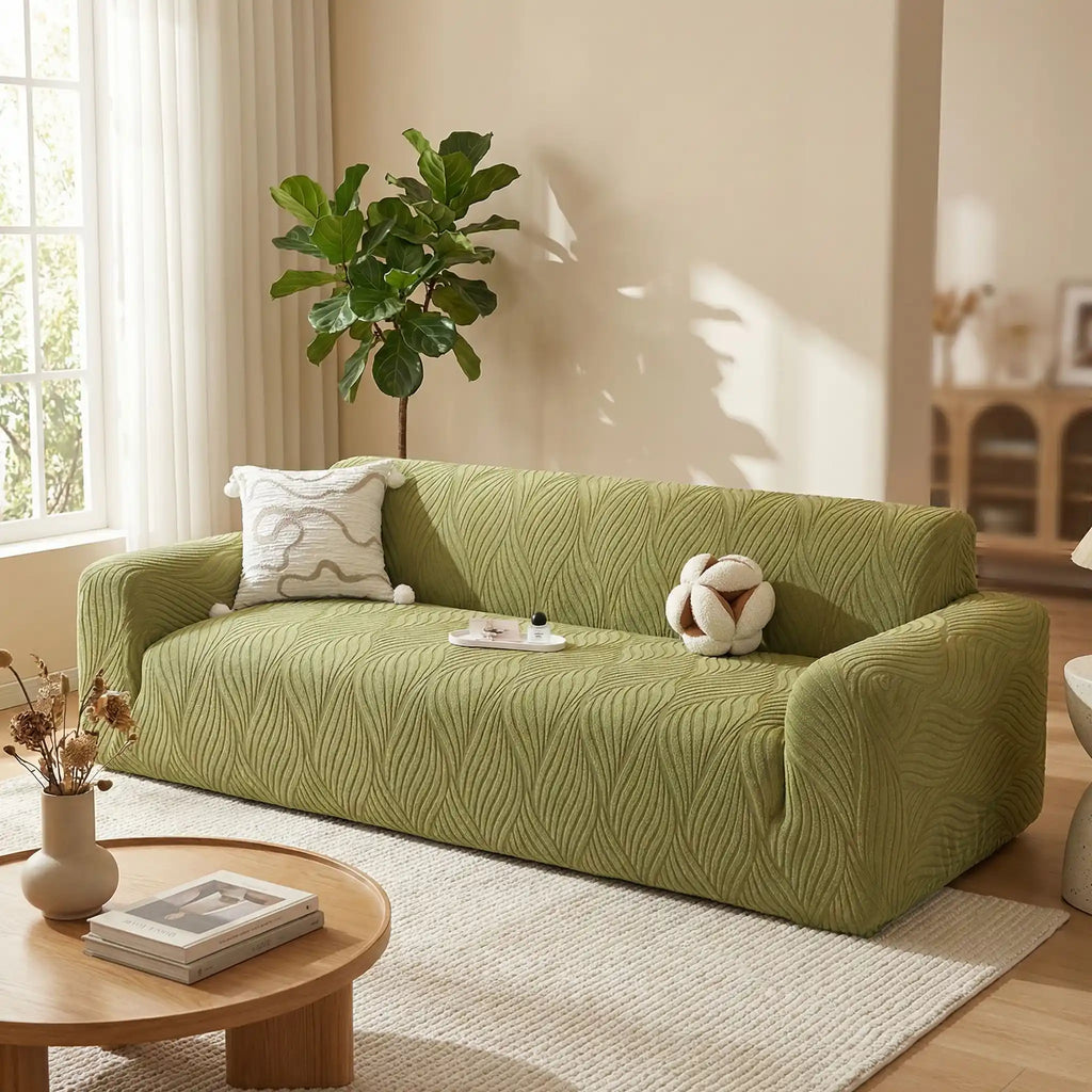 Protection-canape-antiderapant-4-saisons, extensible, lavabkle en machine avec relief doux et sécurisant , tissu anti poils et résistant aux griffes, idéal pour les propriétaire de chiens, 4 tailles disponible du fauteuil 1 places au XL pour canapé 4 places-gros plan sur le protège canapé pour chien de couleur vert installé sur un canapé, housse intégrale imperméable avec design discret et classique