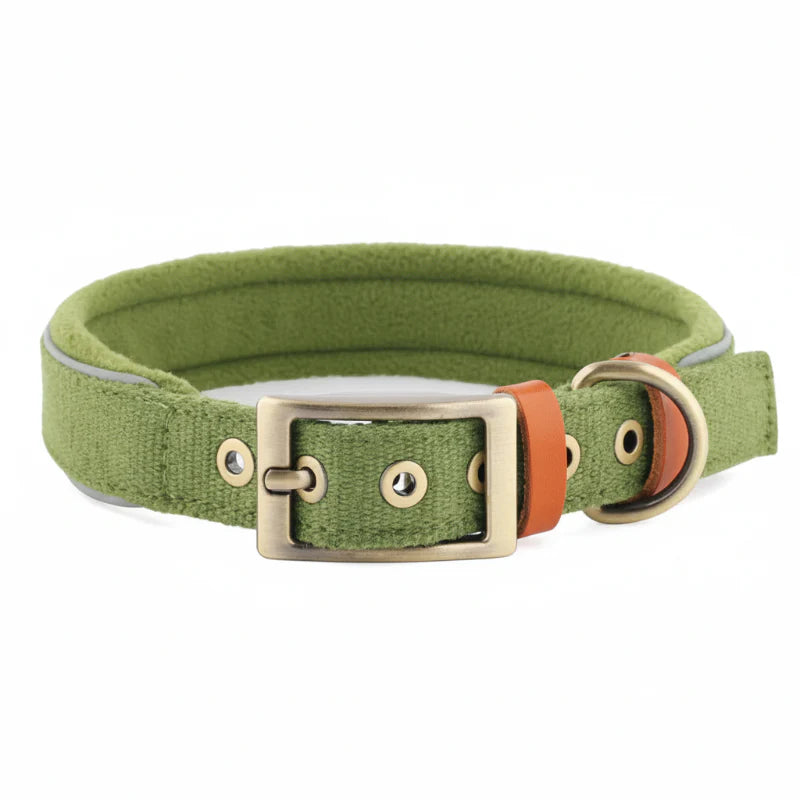 Collier chien réglable en coton vert avec boucle en métal et détail en cuir pour un confort optimal