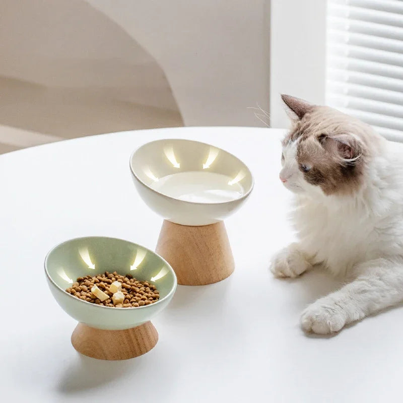 Gamelle Céramique Inclinée Pour Chat Avec Support Bois