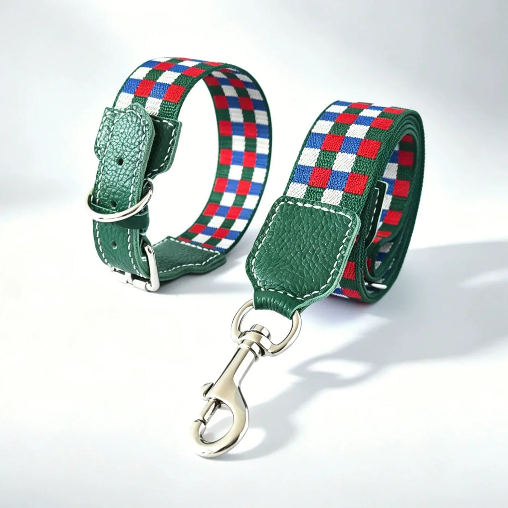 Collier Chien Damier Multicolore En Cuir Véritable Largeur 3,8 cm