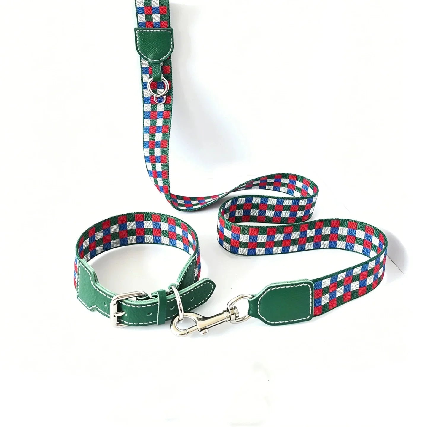 Collier Chien Damier Multicolore En Cuir Véritable Largeur 3,8 cm