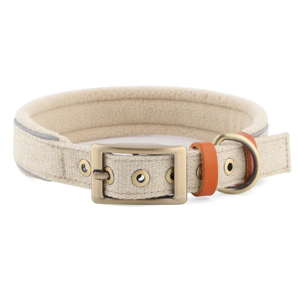 Collier chien réglable en coton beige avec boucle en métal et détails en cuir