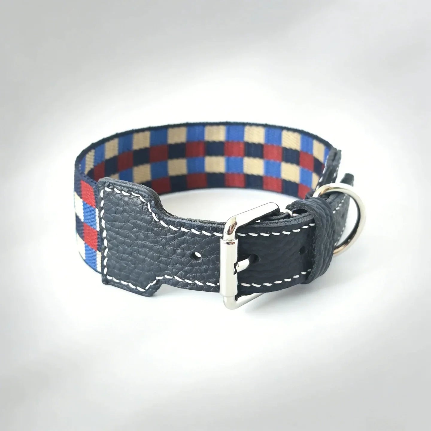 Collier Chien Damier Multicolore En Cuir Véritable Largeur 3,8 cm
