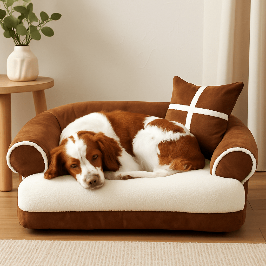 Sofa-chien-taille-L-un Épagneul Breton qui se repose en boule pour s'endormir paisiblement dans son canapé lit avec traversin 180° et coussin décoratif au rembourrage 100% coton haute densité déhoussable et lavable en machine, solide et résistant aux griffes dans le salon de la maison